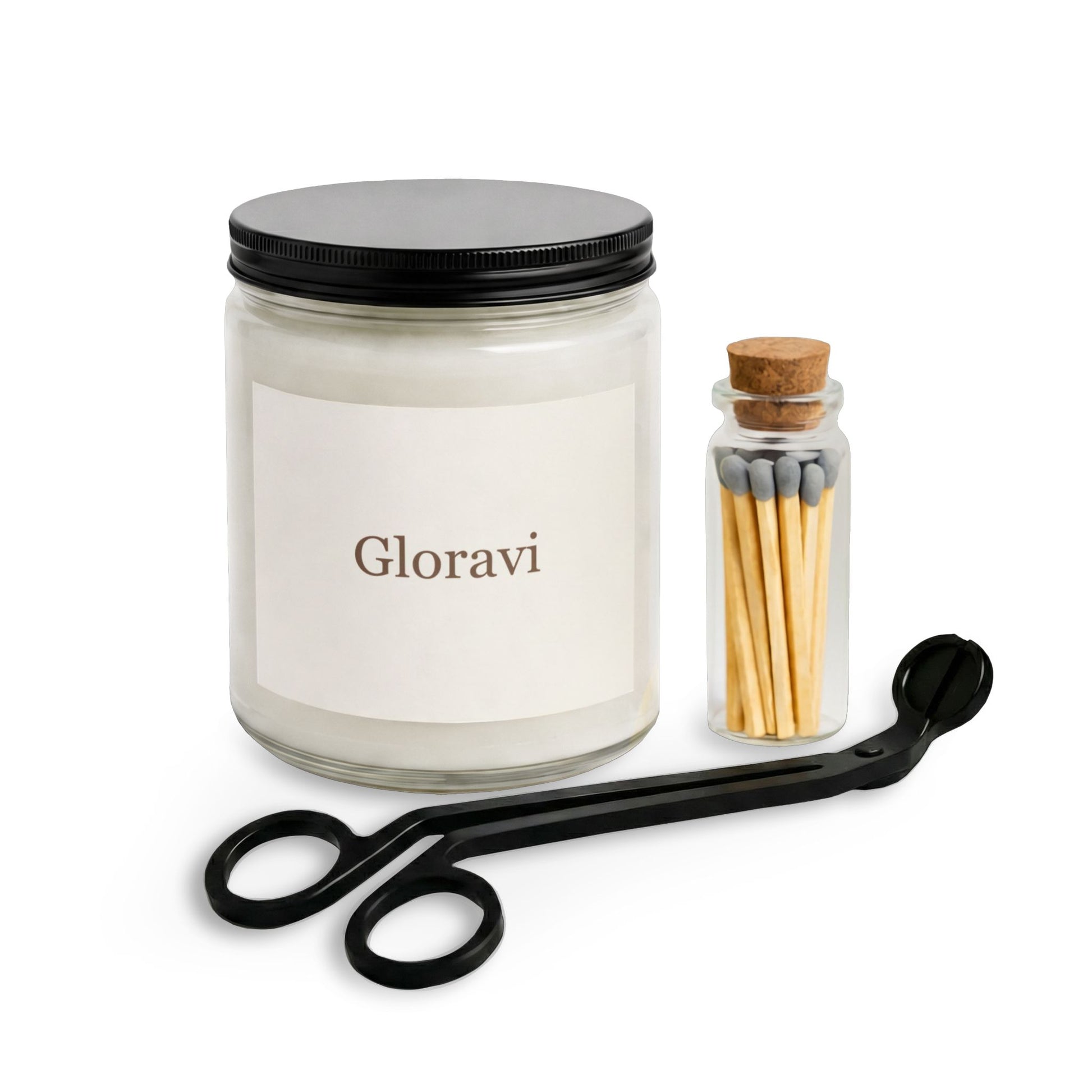 Gloravi Evening Ritual candle burning in amber jar with glass match vial beside it