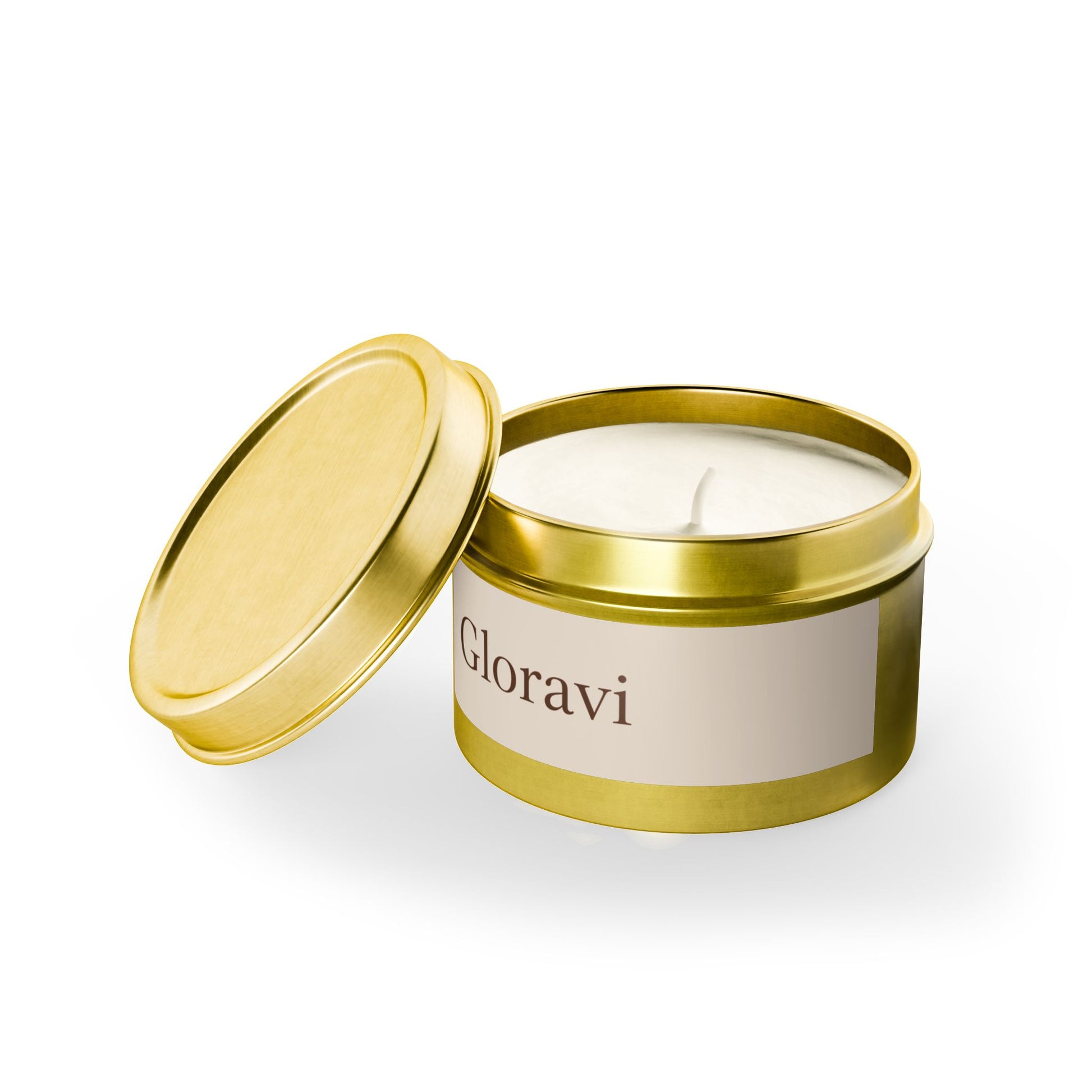 Gloravi Clarity candle with lid off — soy wax and single wick in a matte desk tin