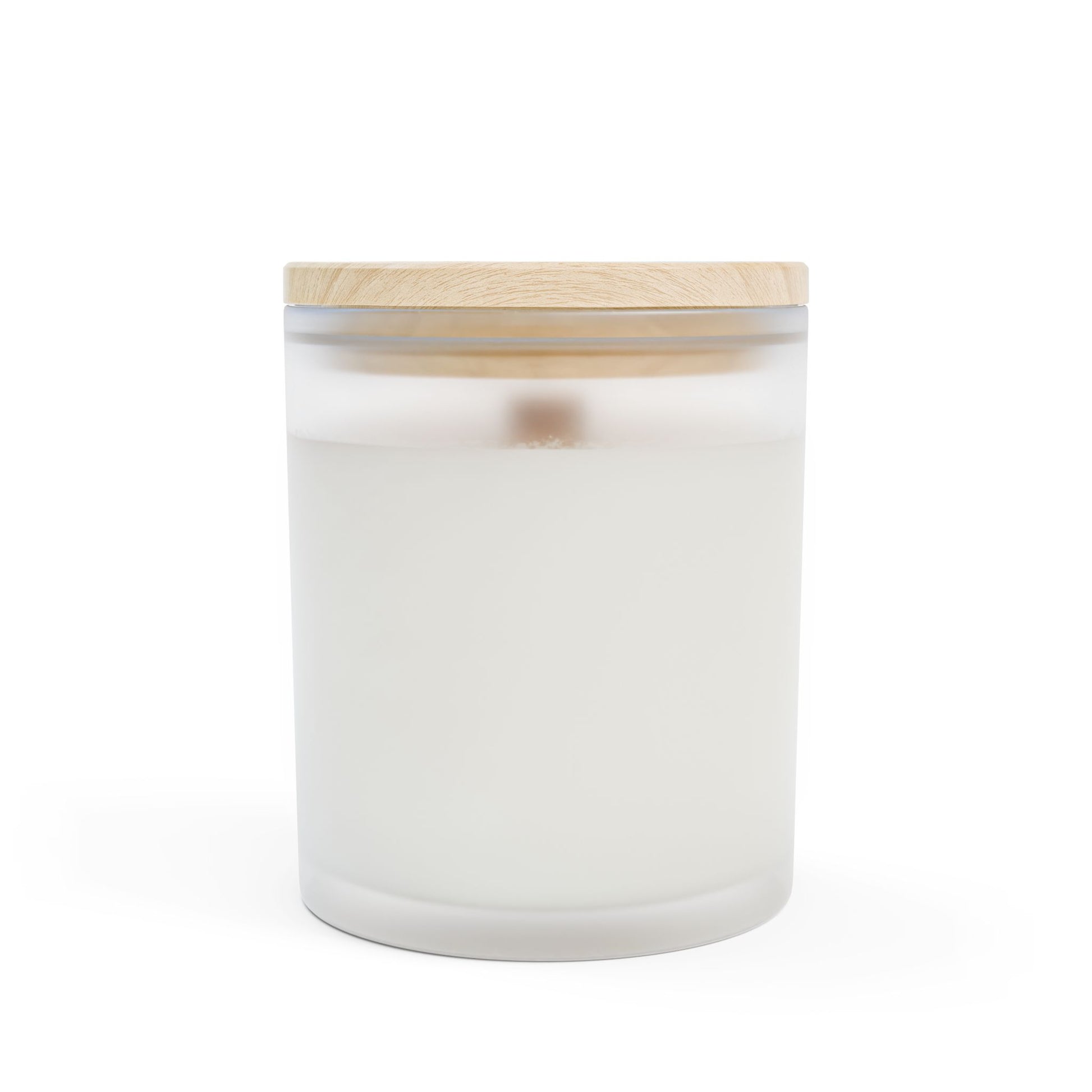 Gloravi frosted glass candle close-up — maple lid and wooden wick, 11oz slow-burn soy candle