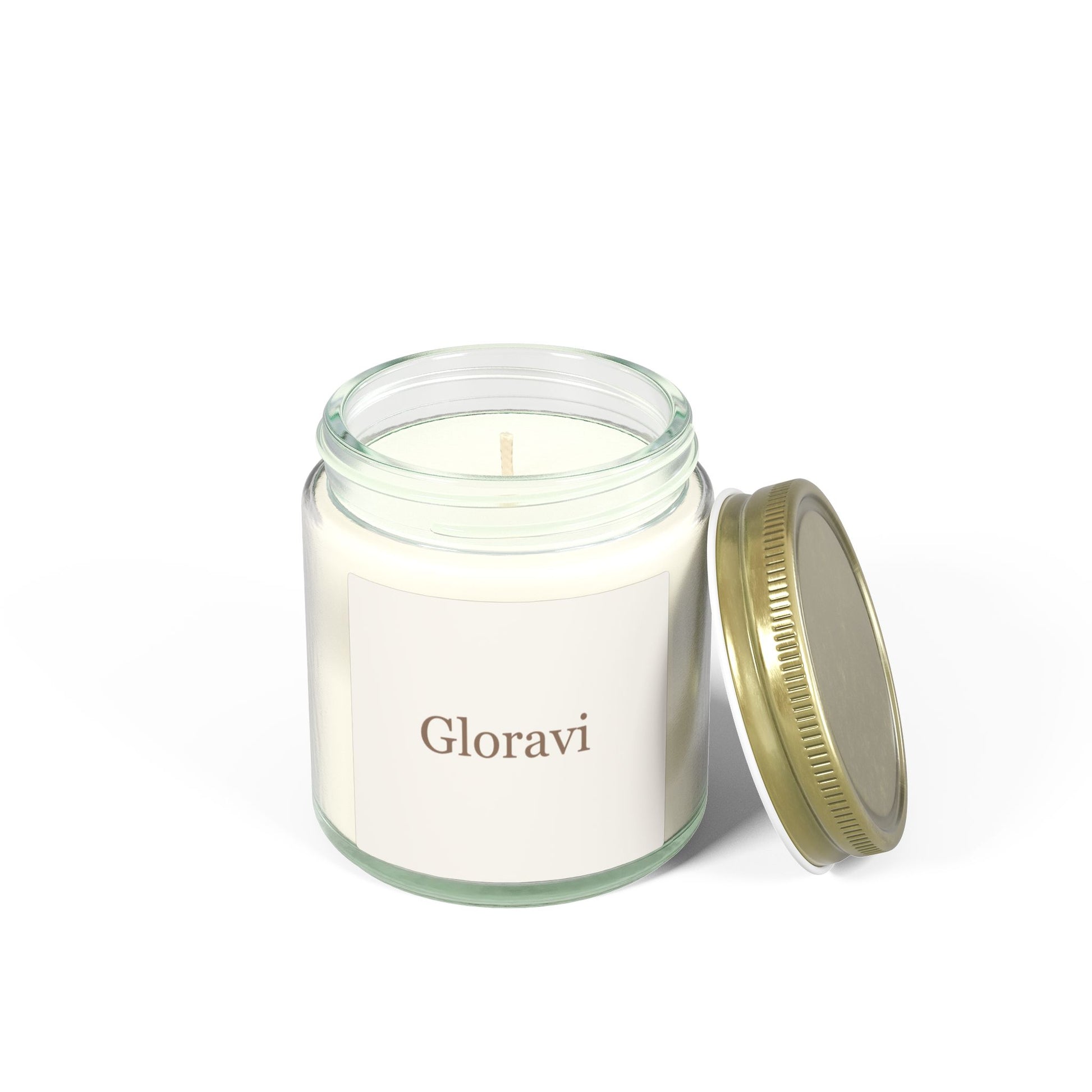 Gloravi Warmth soy candle lit — warm, comforting glow for slow evenings, 4oz glass jar