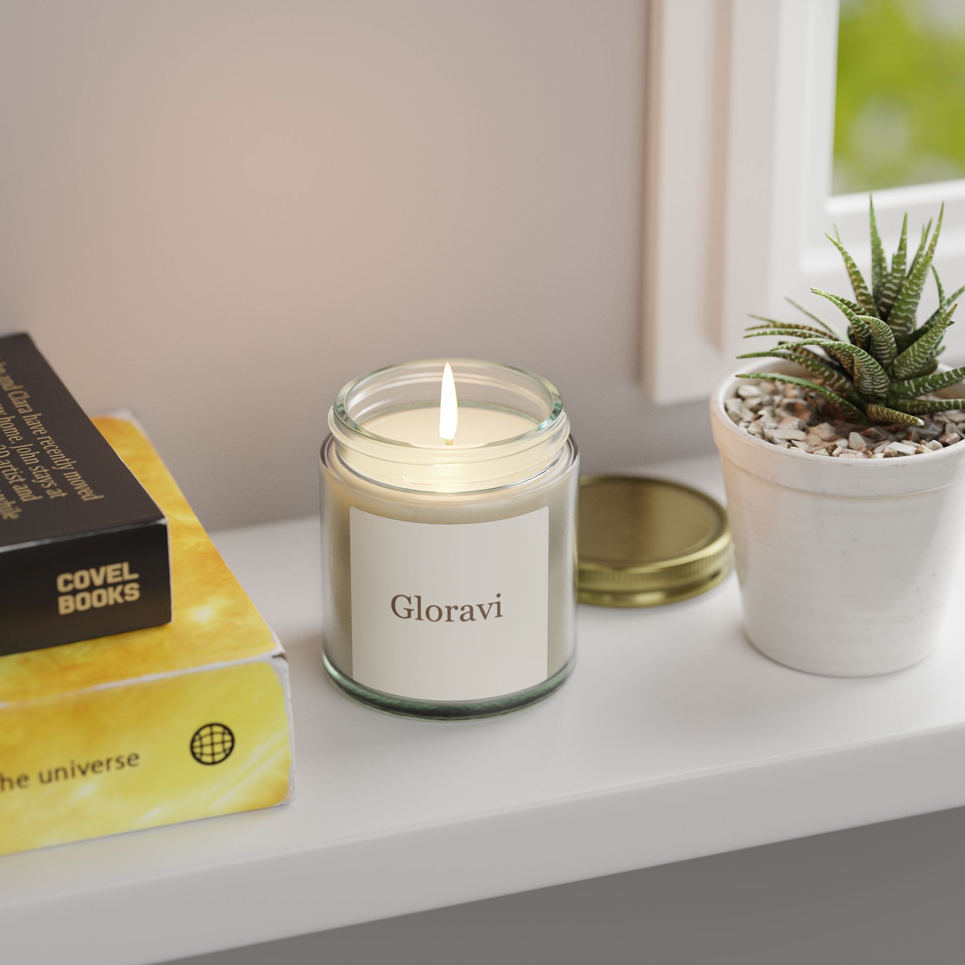 Gloravi Warmth candle close-up — coconut apricot wax with a single soft wick