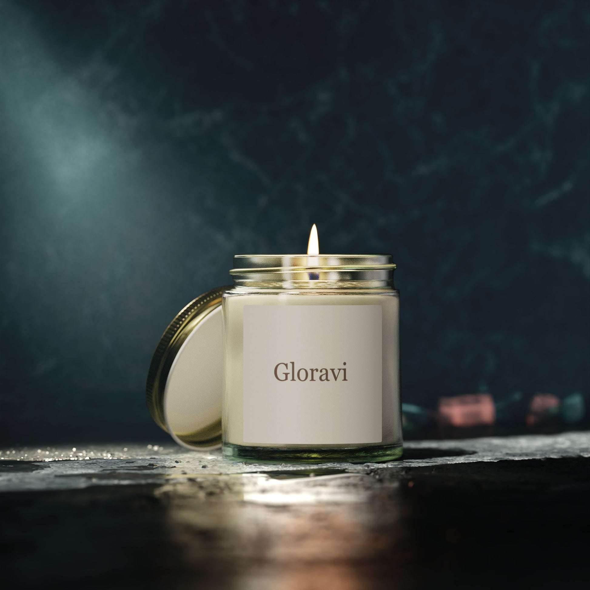Gloravi Warmth soy candle on a side table — comfort scent for quiet evenings at home