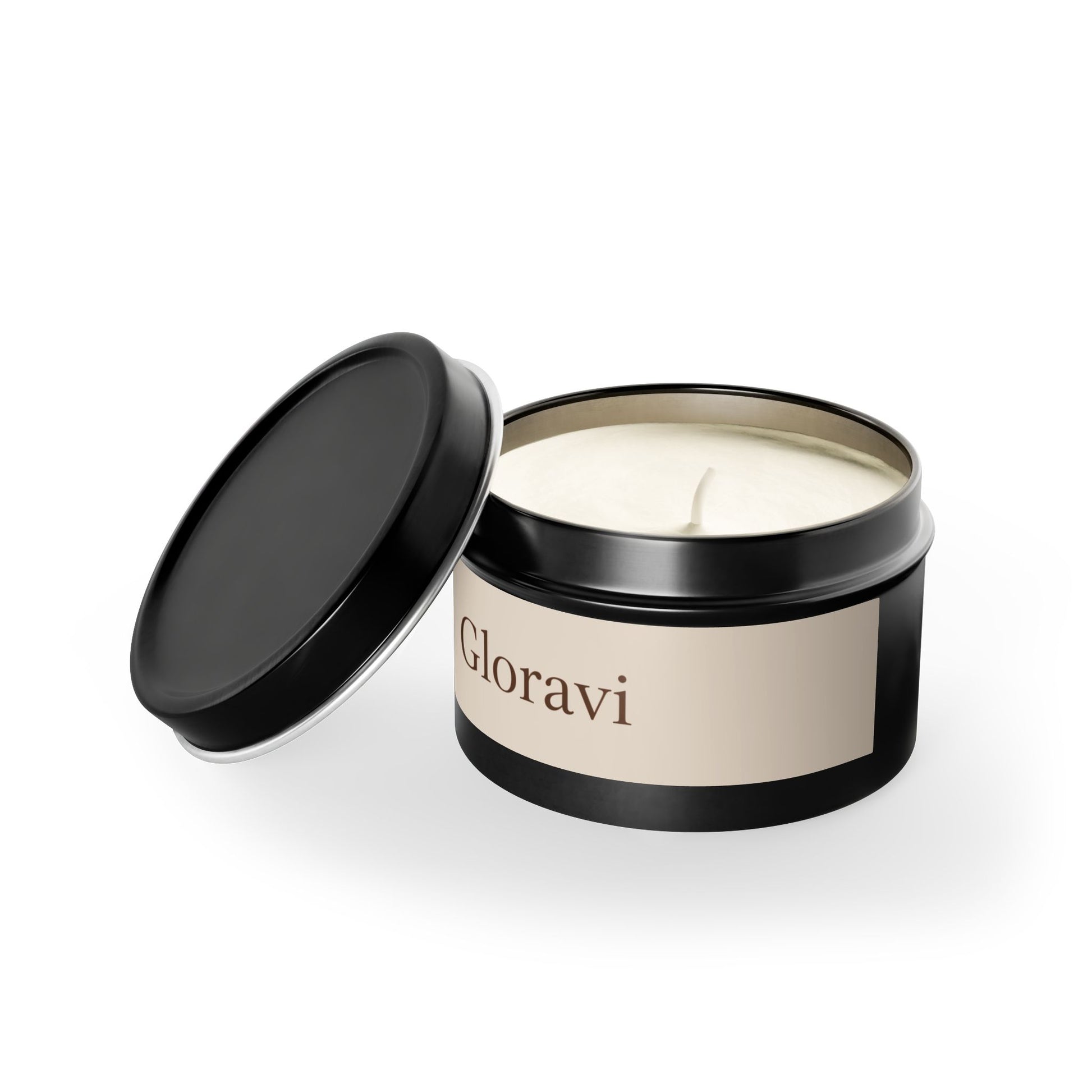 Gloravi Clarity tin candle on a desk — compact 4oz candle for a calm, focused space