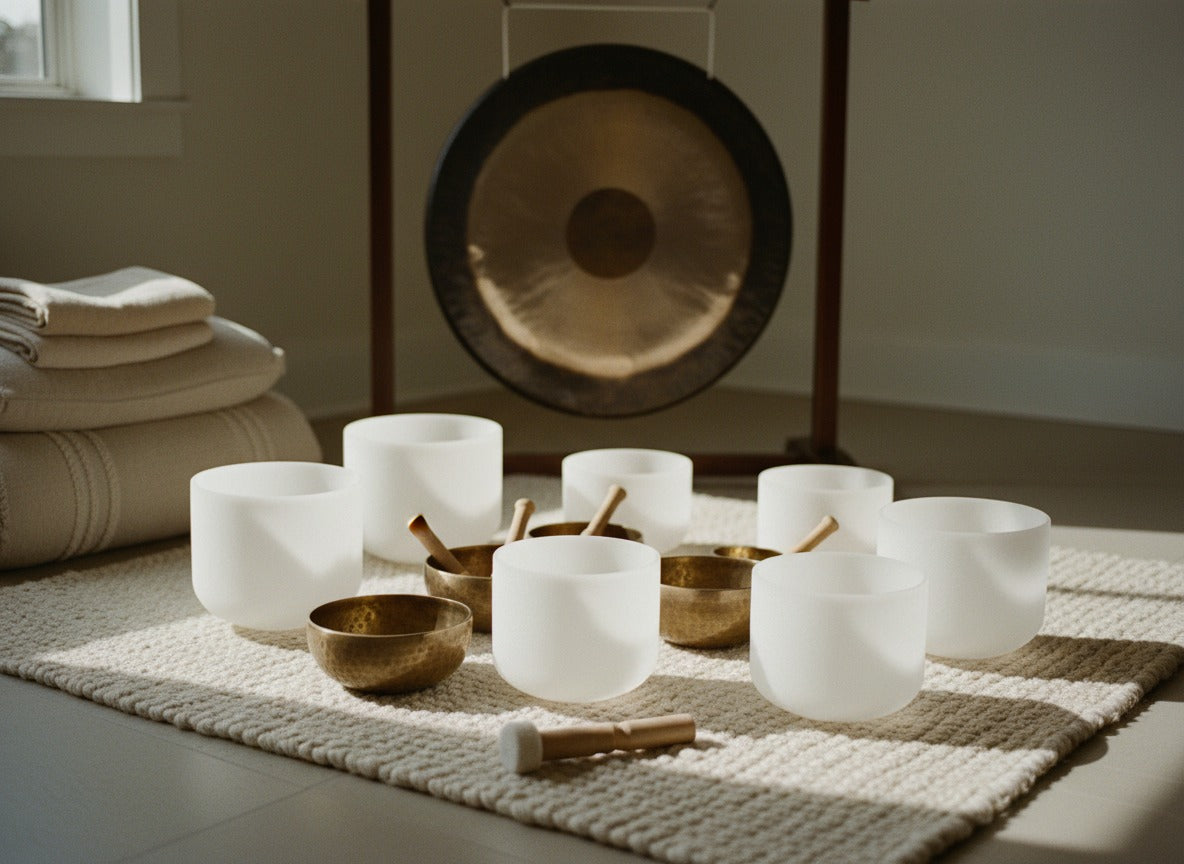 A singing bowl and a small candle on a wooden floor, ready for a quiet ten minutes