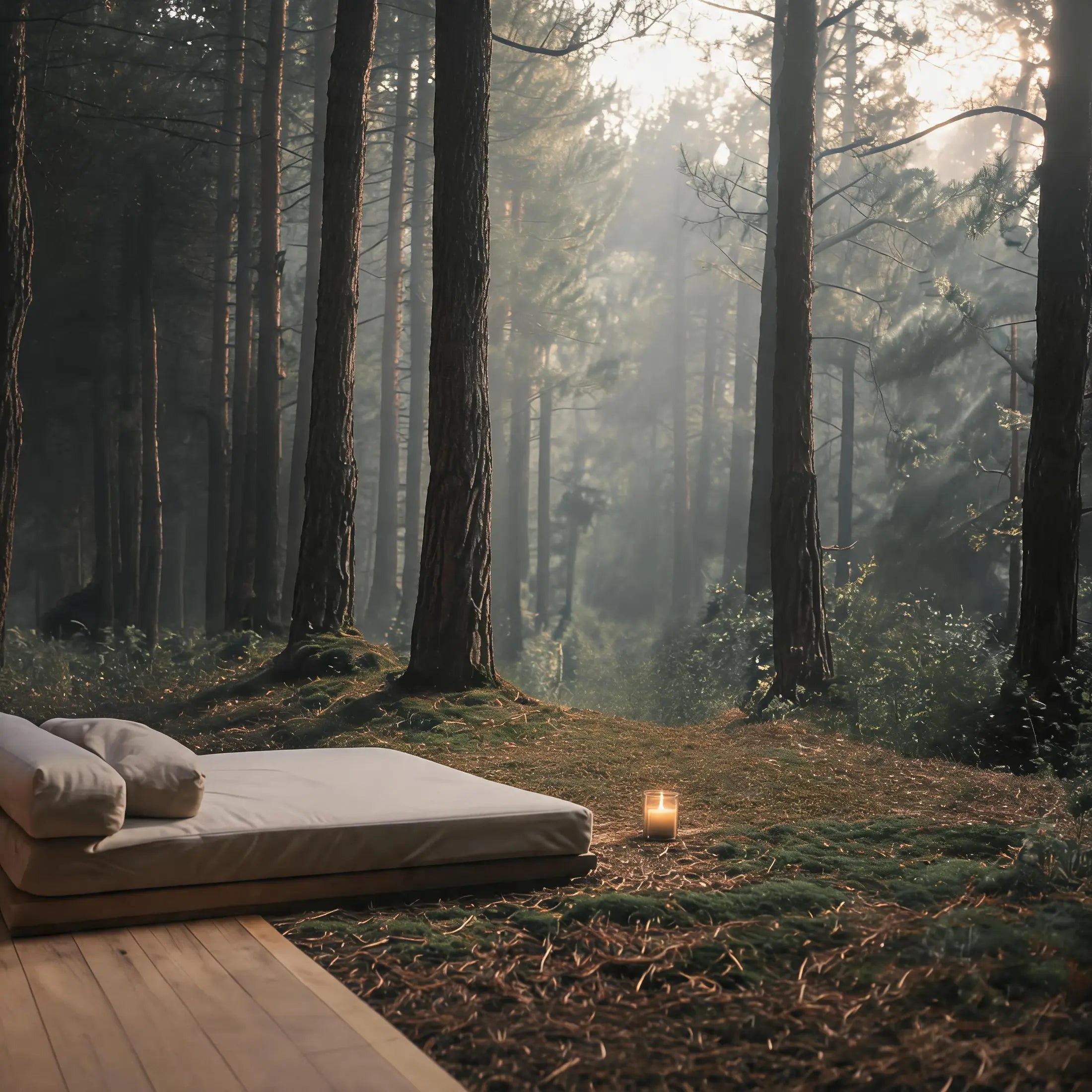 An empty linen daybed and a small lit candle where a wooden floor gives way to moss and misty pines