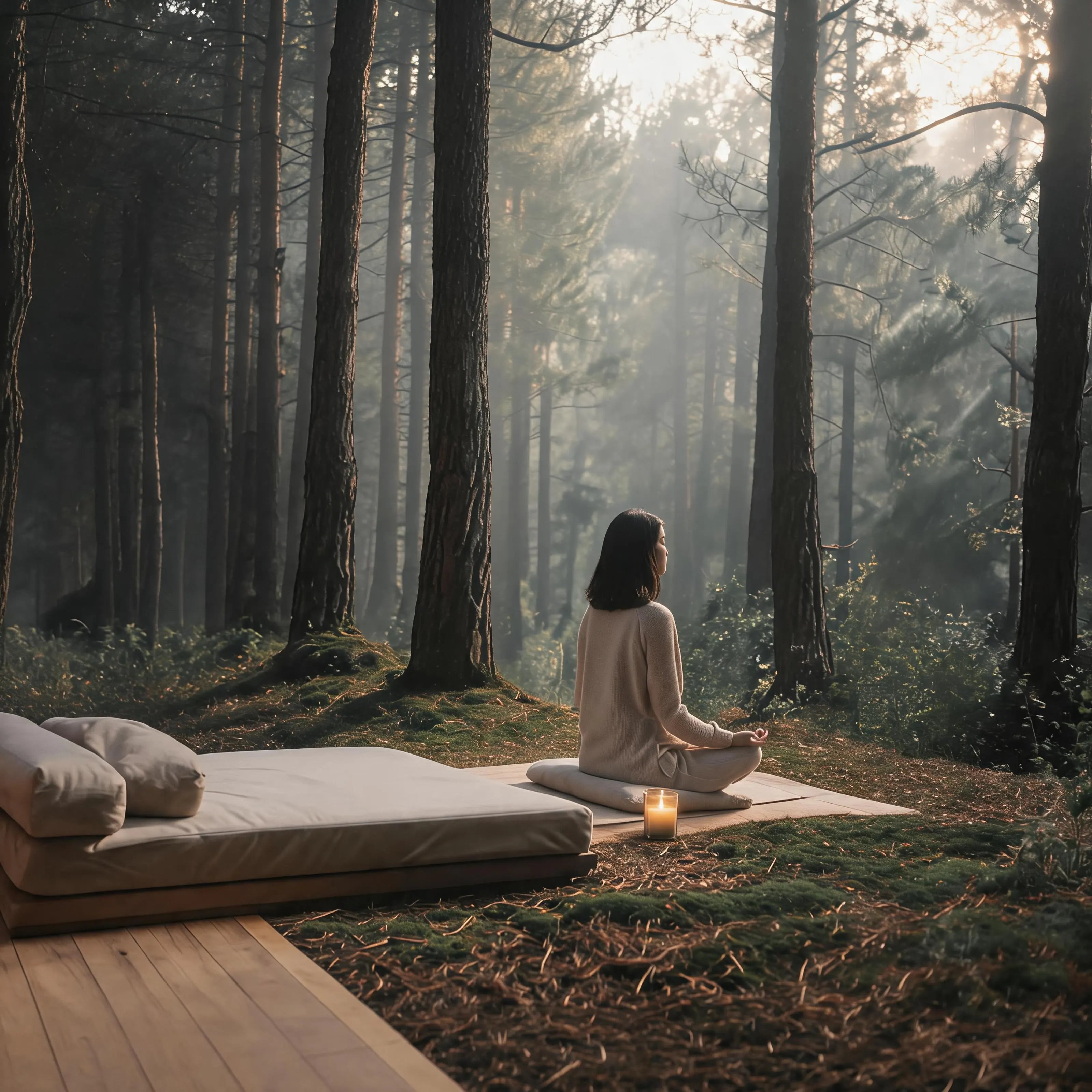A woman sitting in stillness on a cushion where a wooden floor meets the forest floor, a small candle beside her