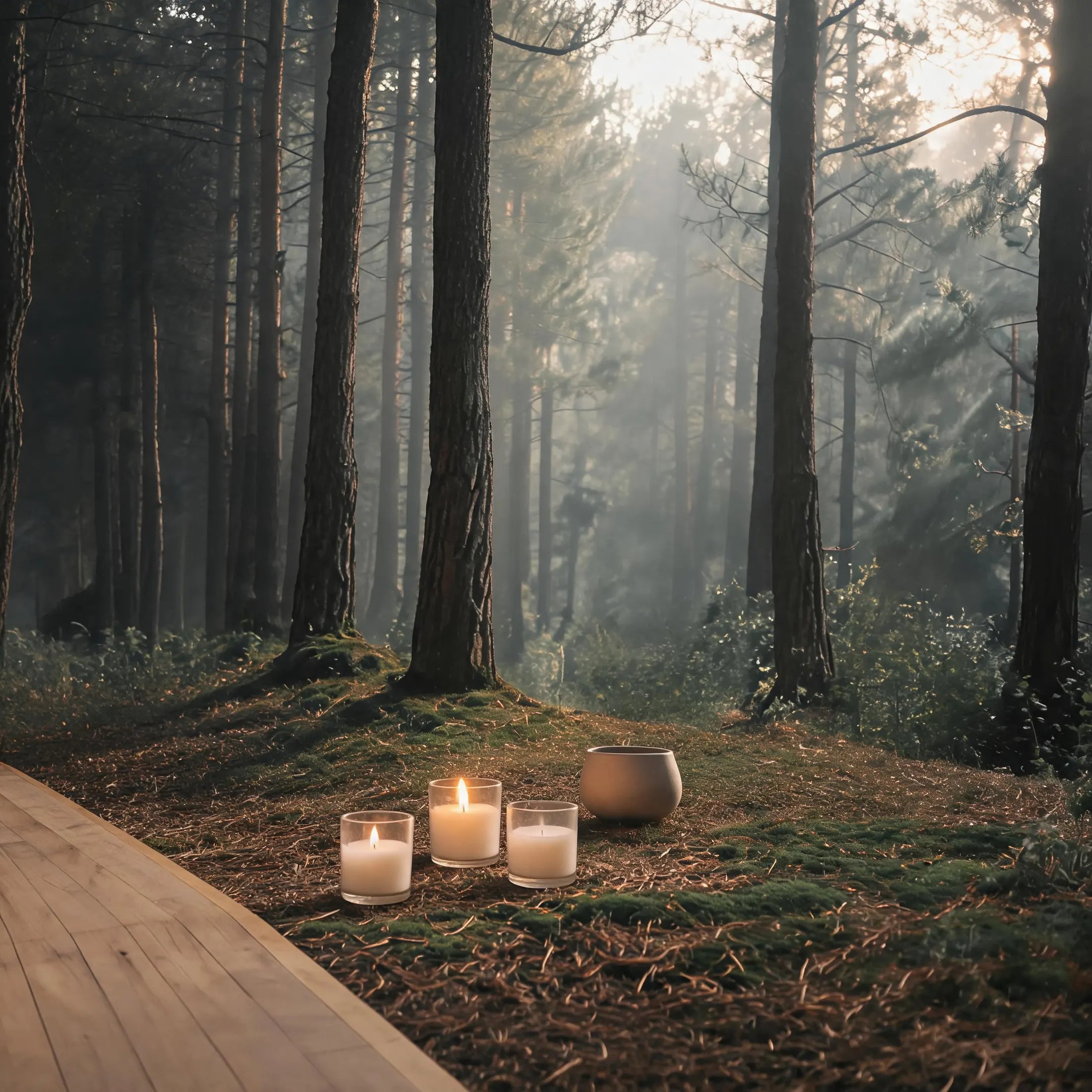 Three small soy candles and a pale ceramic vessel on oak boards at the edge of the moss
