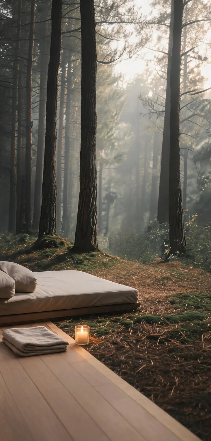 A linen daybed with a small lit candle where the wooden floor meets the forest